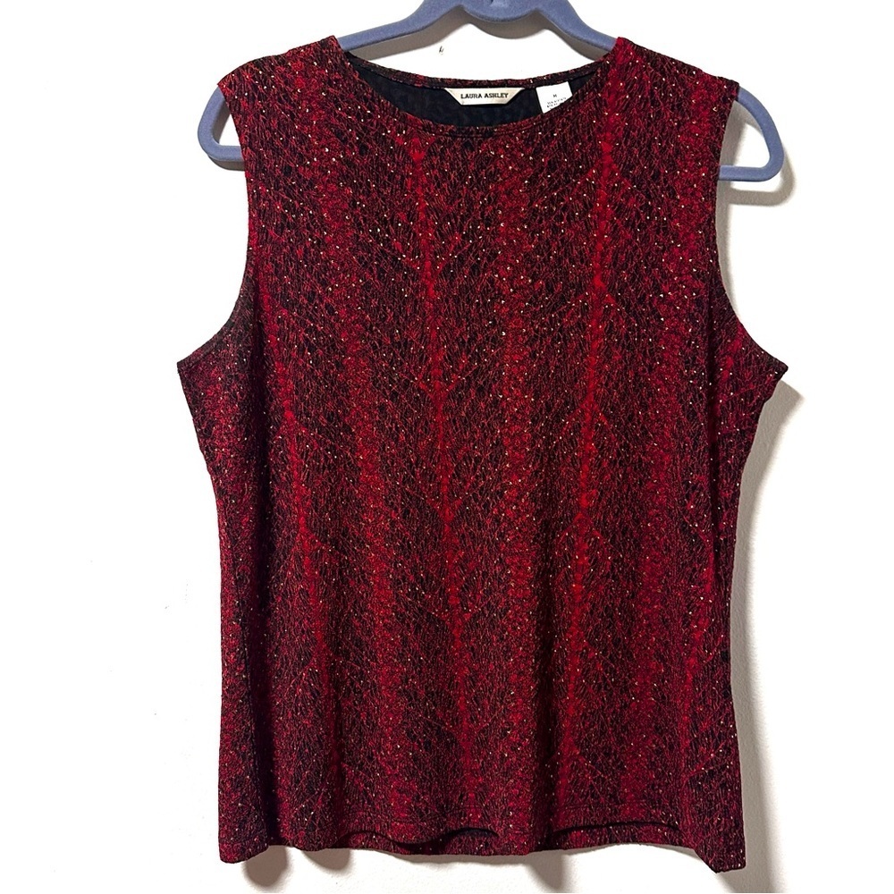 Vintage Laura Ashley Red Abstract Metallic Sleevelessโ Knit Top Size Medium EUC